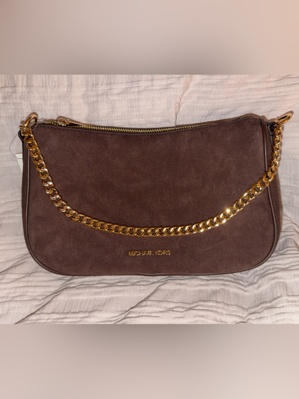 NWT Michael Kors Brown Suede Shoulder Bag with Gold Chain Strap